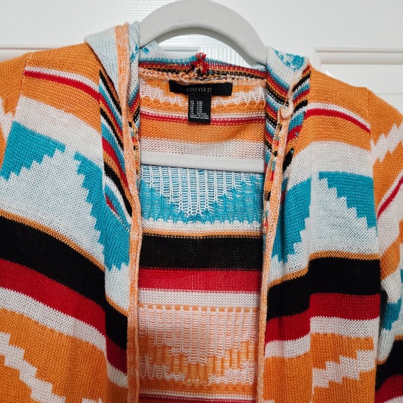 Forever 21 Southwestern Aztec Print Hooded Long Cardigan Duster Orange Teal S M - Picture 1 of 7